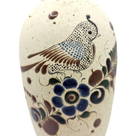 Mexican Tonala Pottery Vase Bird & Floral Design Beige Brown Blue - Picture 2 of 16